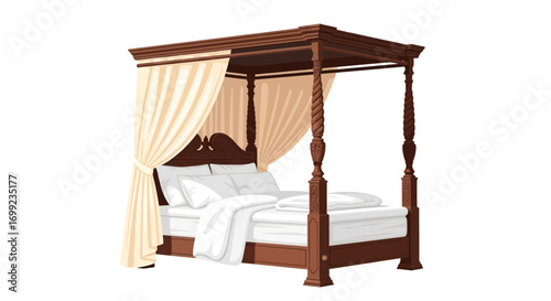 Luxurious canopy bed with intricate details and soft bedding elegance