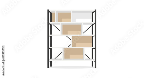 Minimalist illustration of a metal and white bookshelf with storage boxes