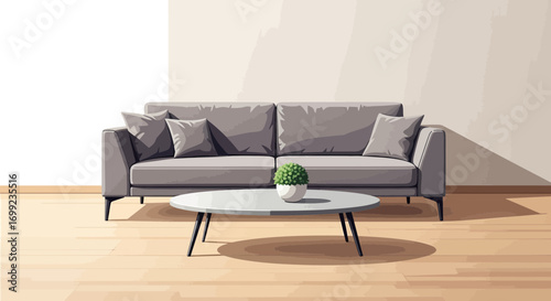 Minimalist gray sofa with decorative plant, round table on wooden floor