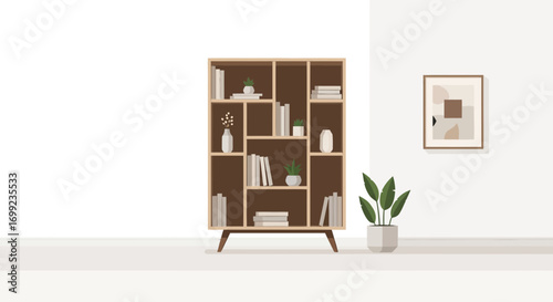 Minimalist Living Room Illustration with Bookshelf and Decorative Elements
