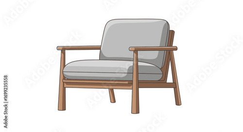 Minimalist vector illustration of armchair with wooden frame and grey cushion