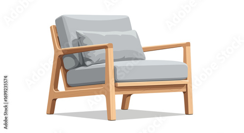Minimalist wooden armchair with grey cushions isolated on white backdrop