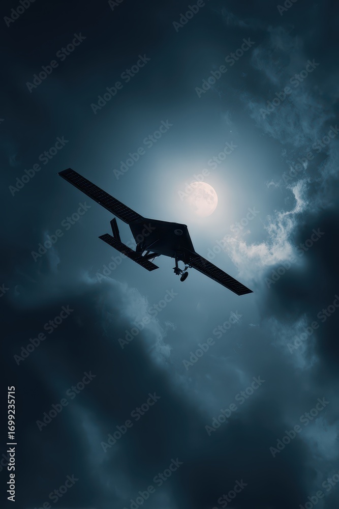 Naklejka premium Silhouette of a drone flying against a dramatic, cloudy sky with a bright light source, creating a mysterious and powerful atmosphere.