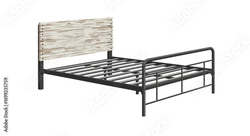 Modern bed frame with rustic wooden headboard against a plain backdrop