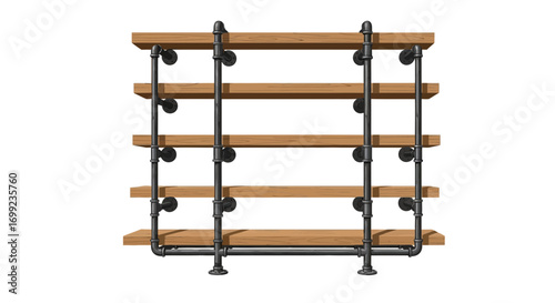 Modern bookshelf made of wood and black iron pipes, isolated object