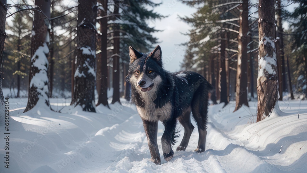 Fototapeta premium A majestic, dark-coated canine strides confidently through a snowy forest pathway, showcasing a striking winter scene.