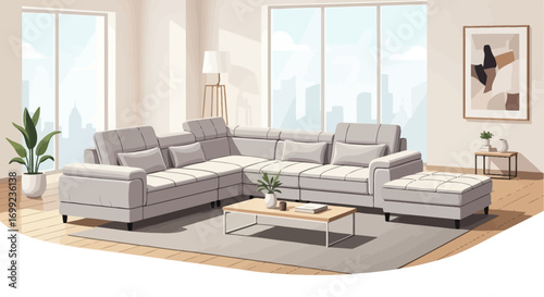 Modern living room interior with a modular sofa and cityscape view