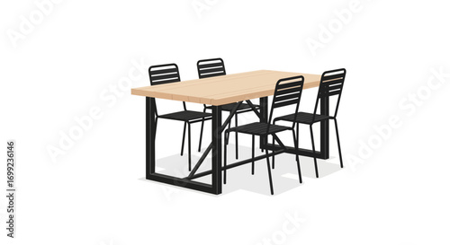 Modern dining arrangement with wooden table and sleek metal chairs, minimal design