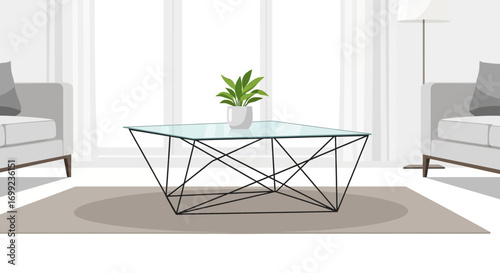 Modern Living Room Interior with Geometric Coffee Table and Potted Plant