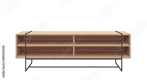 Modern minimalist wooden shelving unit with a dark metal frame design