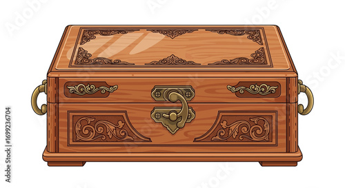 Ornate wooden treasure chest with carvings and metal accents illustration