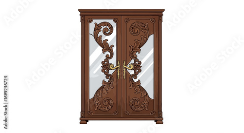 Ornate Wooden Wardrobe with Carved Details and Mirrored Door Design