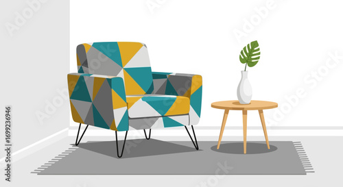 Stylish armchair with geometric patterns and a minimalist side table scene