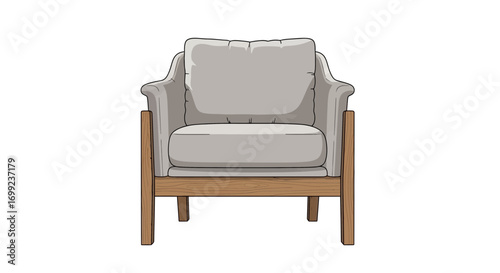 Stylish light gray armchair with wooden frame, isolated on white background