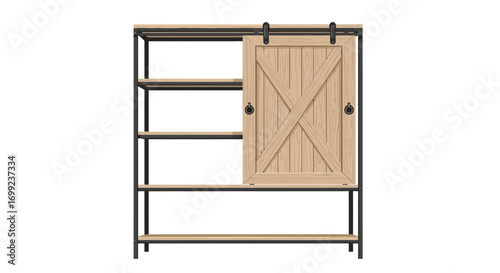 Stylish metal and wooden shelving unit with sliding barn door design