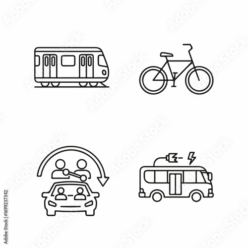Public and eco friendly transportation linear icons set.
