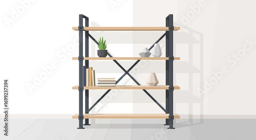 Stylish shelving unit with home decor, blending industrial and modern design