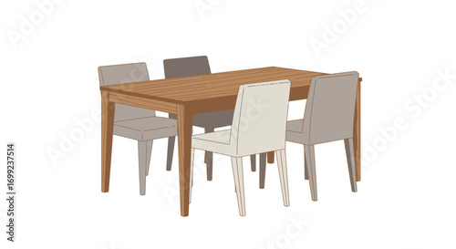 A cozy dining setup, wooden table surrounded by four elegant chairs