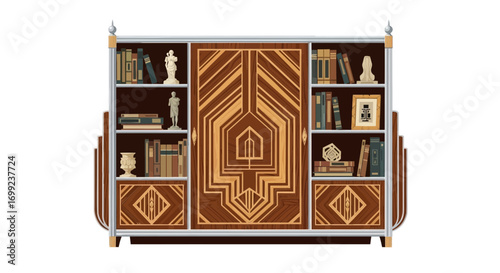 Art Deco Style Bookcase with Closed Cabinet and Decorative Accents