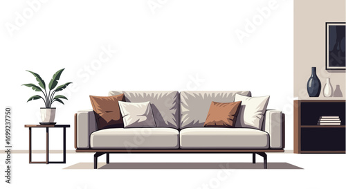 Stylized interior scene featuring a comfortable sofa and decor elements