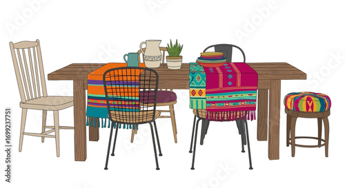 Artistic portrayal of a dining setting with colorful decor and furniture