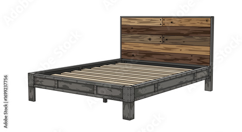 Stylized illustration of a sturdy bed frame with wooden headboard design