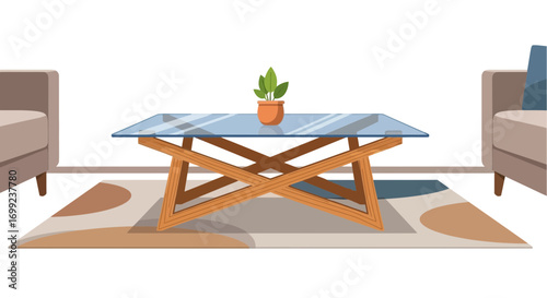 Stylized interior scene featuring furniture and decorative elements