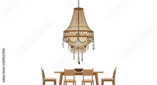 Bohemian Chic Dining Area with Rattan Chandelier and Wooden Furniture