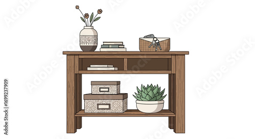 Stylized wooden console table with vase books and potted succulent