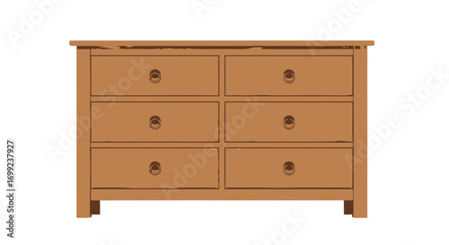 Vector illustration of a six-drawer wooden dresser on a white background
