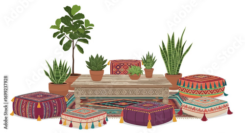 Bohemian interior decor with potted plants and patterned cushions on white