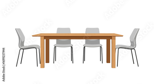 Vector illustration of wooden dining table with chairs on white backdrop