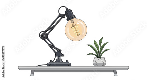Vintage desk lamp illuminating a modern plant on a minimalist desk