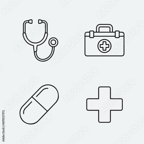 Set of four medical and healthcare line icons.