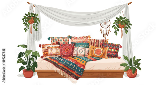 Bohemian retreat illustration showcasing comfortable textiles and houseplants
