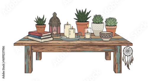 Bohemian Still Life with Succulents, Candles and Dreamcatcher on Wooden Table