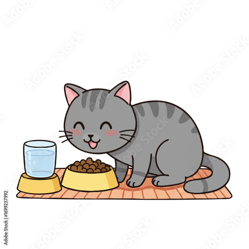 A cute gray cat happily eats dry food from a small yellow bowl next to a water bowl on a patterned mat in a vibrant 2D flat vector illustration on a white background.