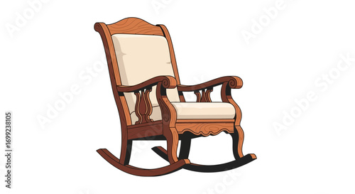 Vintage wooden rocking chair with soft cushions isolated on white canvas