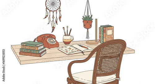 Charming bohemian study setup featuring vintage elements and artistic ambiance