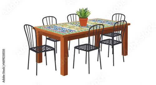 Charming dining space featuring tile-topped table and sleek metal chairs