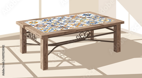 Charming handcrafted table featuring intricate tile work and rustic wood frame