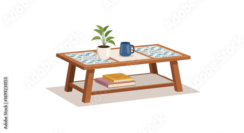 Charming illustration of a cozy coffee table adorned with plants and books