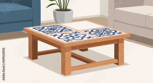 Charming Interior Scene Featuring a Wooden Table with Decorative Tiles