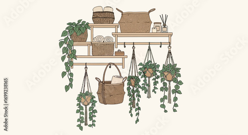 Charming illustration of home decor with plants and natural fiber baskets