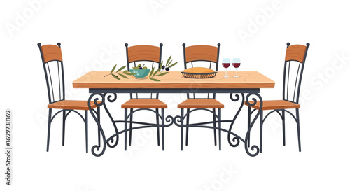 Charming rustic dining arrangement featuring wooden table with food and drinks