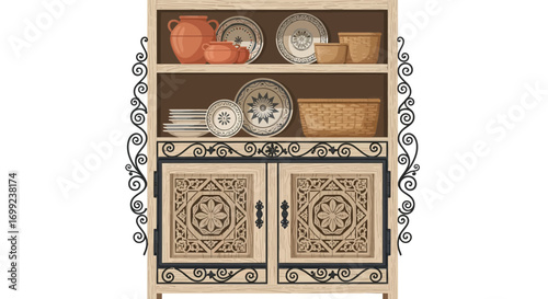 Charming Kitchen Cupboard with Rustic Pottery and Decorative Elements