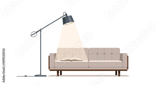 Contemporary Lounge Arrangement with Floor Lamp and Open Book on Sofa