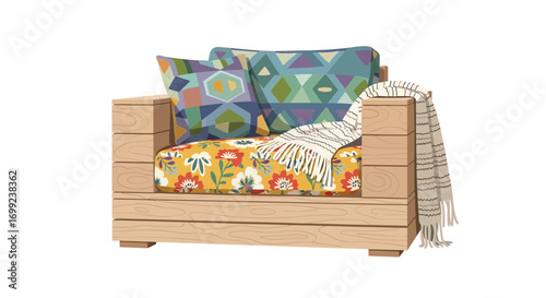 Comfortable wooden armchair with patterned cushions and cozy throw blanket