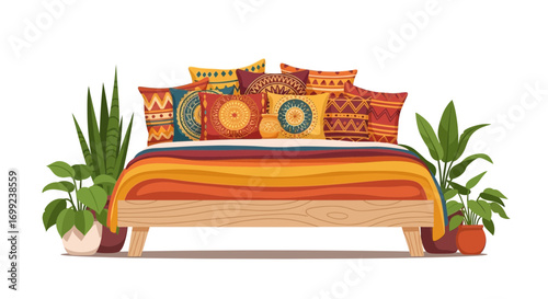 Cozy Bohemian Bedscape with Colorful Pillows and Lush Houseplants Arrangement
