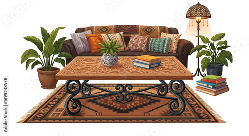 Cozy bohemian interior, adorned with warm textures and verdant plants